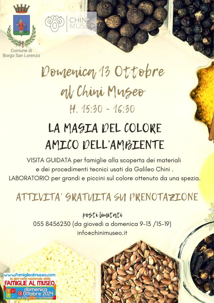 ChiniMuseo's tweet photo. Cari bambini, vi aspettiamo domenica 13 ottobre alle ore 15,30 per il laboratorio "La magia del colore amico dell'ambiente" in occasione Giornata Nazionale delle Famiglie al museo #FAMU2024! Ingresso e attività gratuiti. https://t.co/W4ZgXLtGBQ