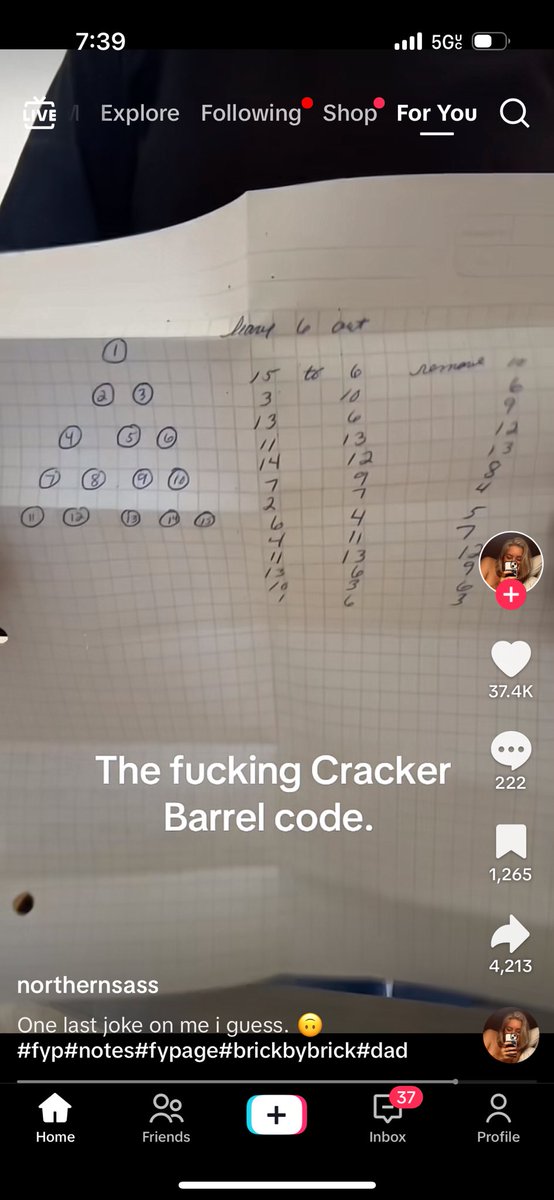 jmjanks's tweet image. This girl found a note folded up in the back of her dad’s drawer after he died and it said “only open after my death” and she was so scared to open it, and when she did it was the secret to beat the Cracker Barrel peg game lol