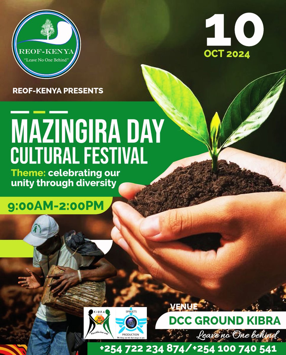 REOFKenya's tweet photo. @REOFKenya , in collaboration with our valued partners, warmly invites you to join us in commemorating Mazingira Day at Kibra Deputy County Commissioner (DCC) grounds on Thursday, October 10th, 2024, from 9:00 am to 2:00 pm. #MAZINGIRADAY #UtamaduniDay #mazingiraday2024 https://t.co/Wy0xj9ucTo