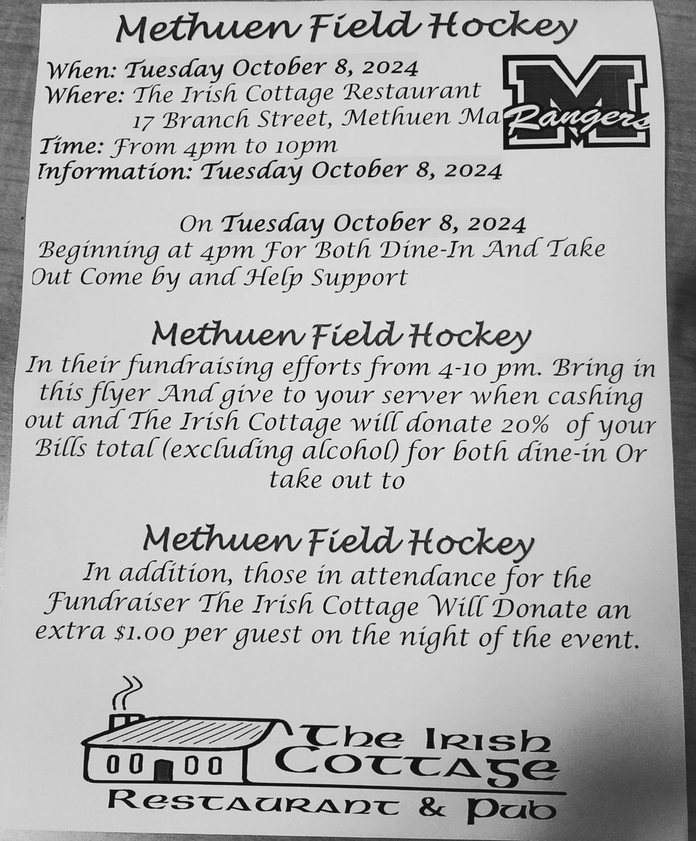 RangerFH's tweet photo. DON'T COOK TONIGHT!! Come support MHS Varsity Field Hockey and eat dinner at the Irish Cottage (Dine in and take out) 💙 https://t.co/YCXAYnBruN