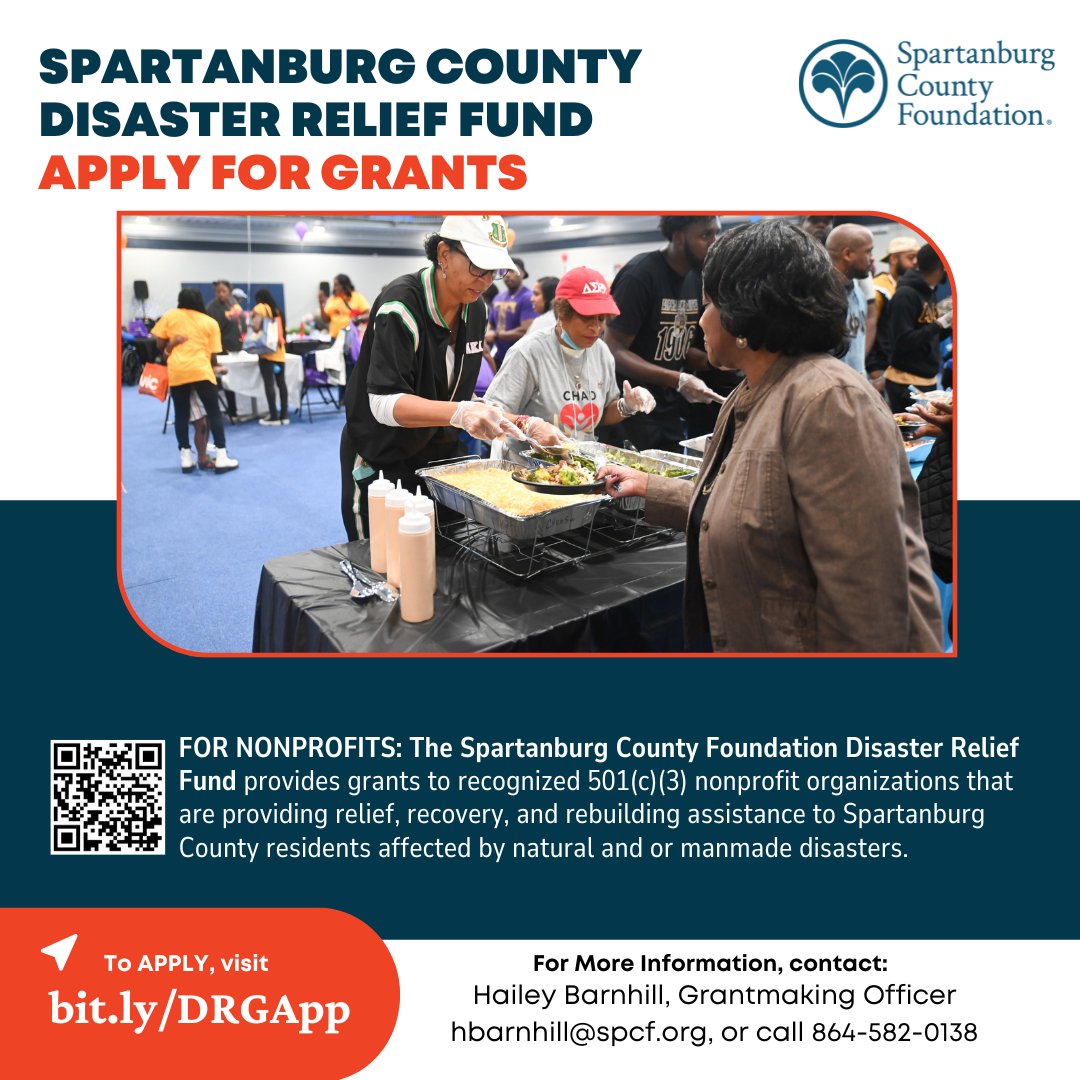 NONPROFITS - Grants are available for recognized 501(c)(3) organizations providing disaster relief services for Spartanburg County residents. Apply here: spcf.org/impact/disaste…