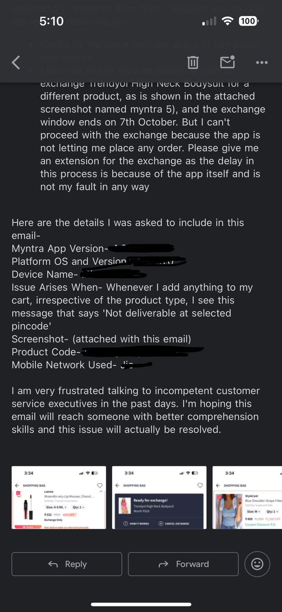 adibbu_ss's tweet photo. Pathetic service from @myntra @MyntraSupport can’t place any orders on the app because everything shows undeliverable. Customer service closes my complaints without informing. Detailed email with my problem has had no response for 4+ days @jagograhakjago @CFPB @consumerforum_ https://t.co/HHZ6bfDsw6