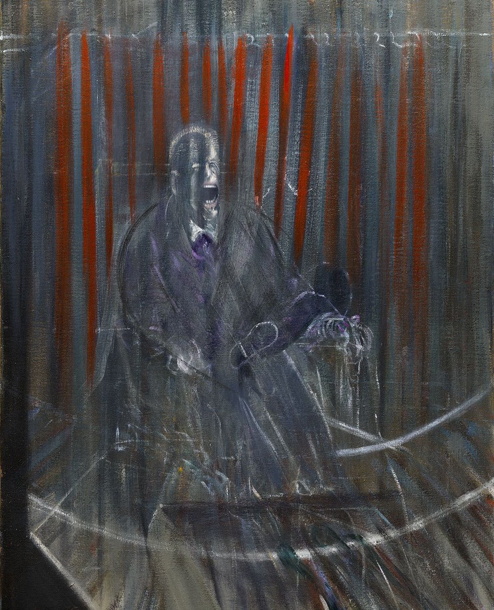 "The Pope appears to be metamorphosing into a secular figure; he has lost most of the purple from his cape and is not wearing a papal biretta. "

Martin Harrison, Francis Bacon: Catalogue Raisonné p226

Painting: ‘Study after Velázquez’, 1950

#FrancisBacon #artist #art #fineart