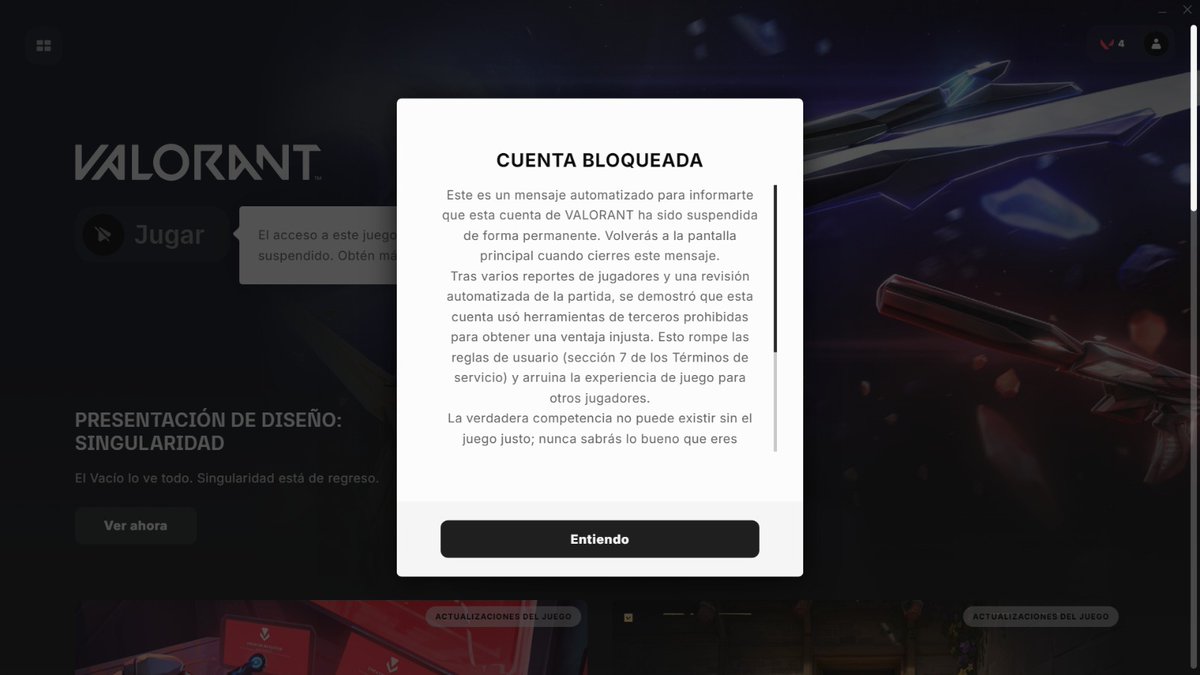 Tamii891's tweet photo. Alguien ha tenido este tipo de sanción de sección 7?, nunca he instalado nada, juego muy pocas veces y me suspenden la cuenta. Tendré algún archivo o virus que lo detecta como trampa? #VALORANT #riot @VALORANTLATAM @RiotSupportES @RiotSupport https://t.co/IhgX5xOvkv