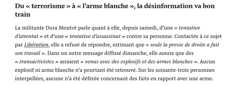 Petite_Core's tweet photo. Marguerite Stern ment : cette prétendue "terreur" est imaginaire.

Sur 64 interpellations, seulement deux on donnés lieux à des poursuite et aucune des deux pour des ports d'arme et encore moins d'explosifs.

Sources Mediapart et Libération : https://t.co/OIACXCIx50