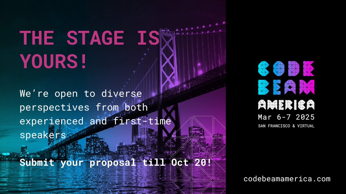 Get your proposals in. We want to hear about your experiences, and what you’ve learned along the way. What is your BEAM story?

#weBEAMtogether #myelixirstatus

codebeamamerica.com