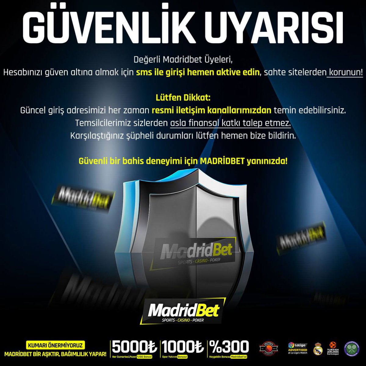 ⚠️Dikkat: Değerli kullanıcılarımız sahte sitelere itibar etmeyiniz.                                                                                                                       

📲 Hesabınızı güven altına almak için sms ile girişi hemen aktive edin, sahte sitelerden