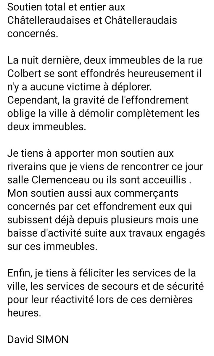 Effondrement d'immeubles à #Châtellerault, après avoir rencontré les commerçants et les riverains ma réaction ⬇️