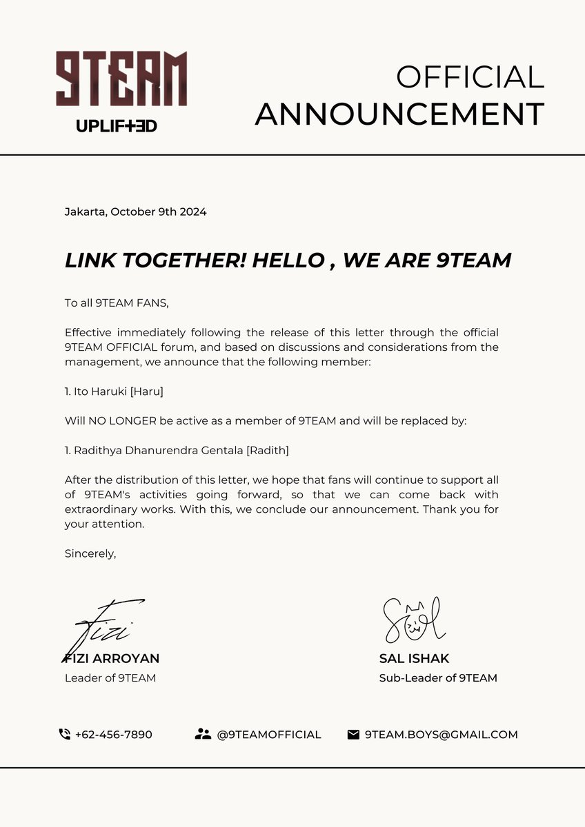 9TEAMOFFICIAL's tweet photo. ㅤ 
                            [ PRESS RELEASE ]

Following the official release of this letter, we urge the public and all fans to continue supporting RADITH's activities with 9TEAM in the future.
 ㅤ