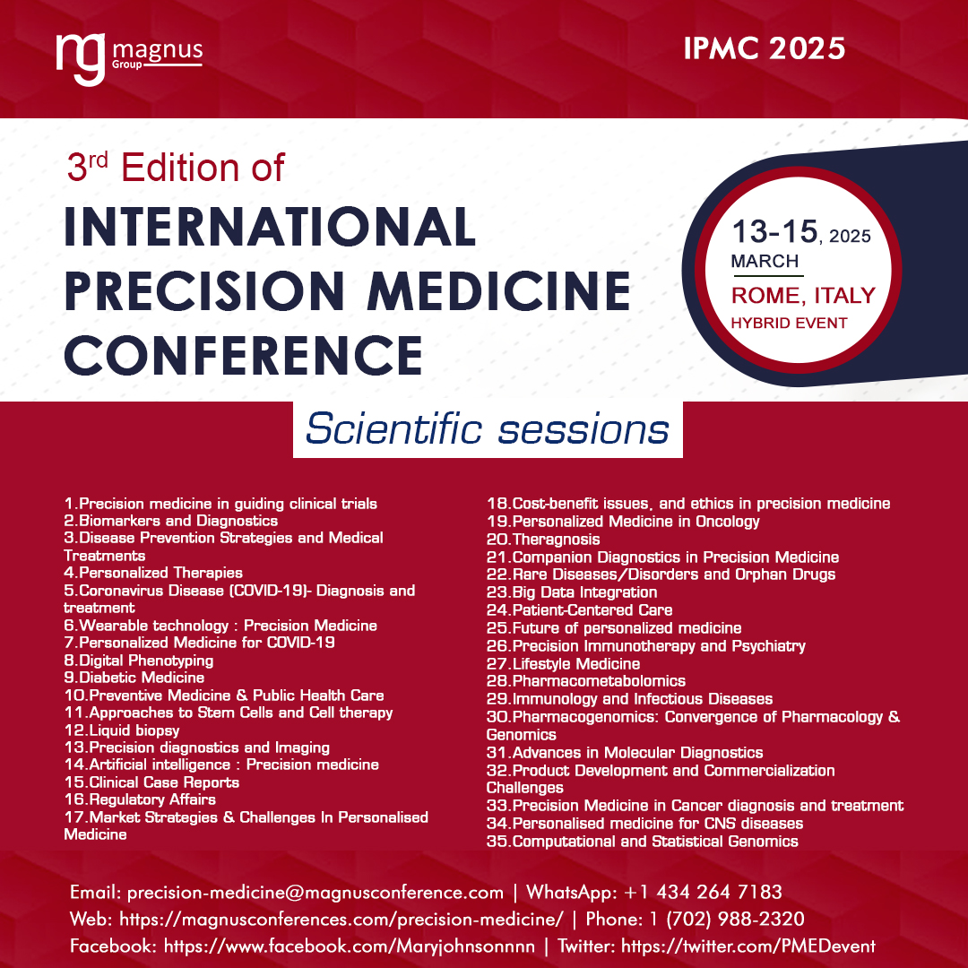 PMEDevent's tweet photo. Join us at the @PMEDevent as we explore the latest advancements and research in personalized treatments and tailored healthcare solutions, hosted by @magnus_group
For Details, visit: https://t.co/CdZ2F95IoN
📅March 13-15, 2025
📍 Rome, Italy and Virtual
+1 434 2647183
#IPMC2025 https://t.co/jdI5tt6u3q
