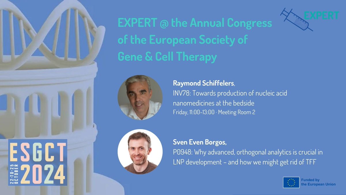 October 22nd - 25th, #EXPERTproject members <a href="/nanoray10/">nanoray</a> and <a href="/SvenEvenBorgos/">Sven Even F. Borgos</a> will participate at the annual congress of <a href="/ESGCT/">ESGCT</a> in Rome, to present their work on nucleic acid nanomedicines and lipid nanoparticle development. Find out more: 
esgctcongress.com