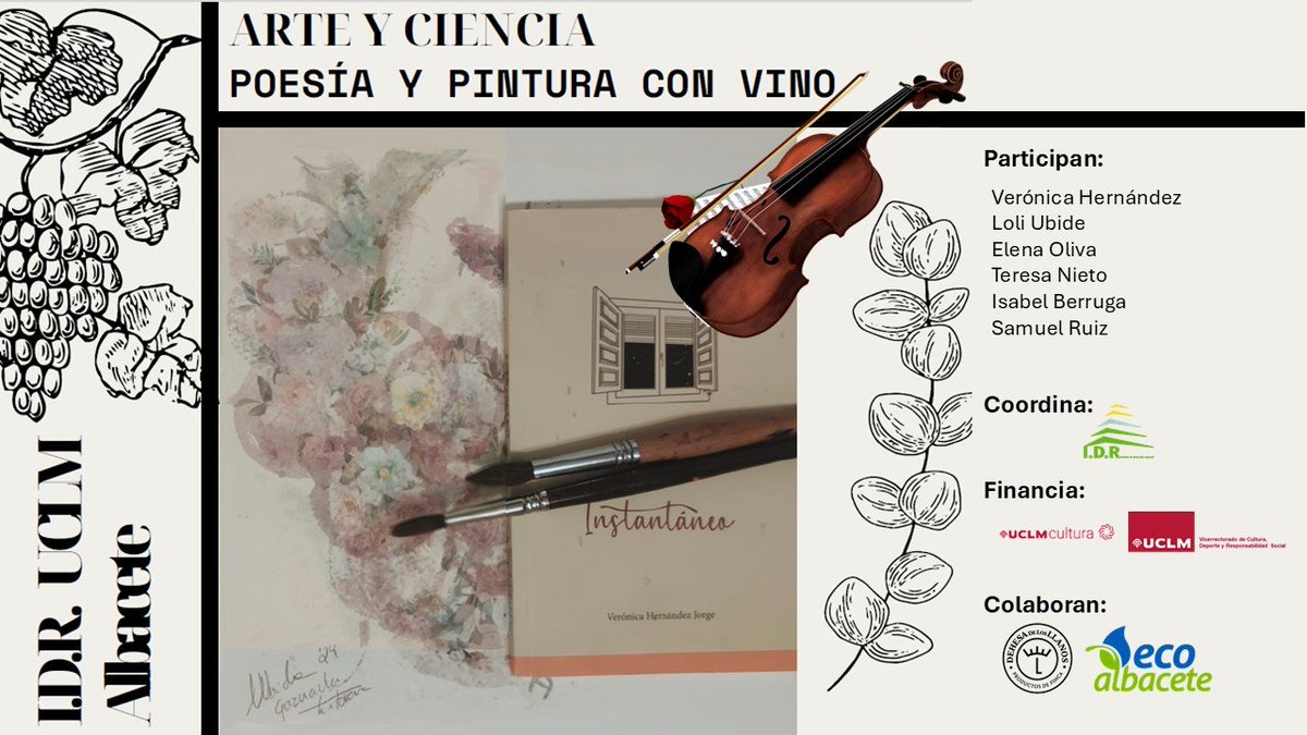 ⚠️⚠️ Últimas 10 plazas ‼️

📜Poesía y 🎨Pintura con vino 🍷 
 👩‍💼Verónica Hernández 
👩‍🎨 Lola Ubide
📍 I.D.R. - <a href="/uclm_es/">Universidad de Castilla-La Mancha</a> Albacete 
🗓️Jueves 10 de octubre 
⏰ 12:00 a 13:00 
📝 Inscripciones: : forms.office.com/e/q0Td3naMsc