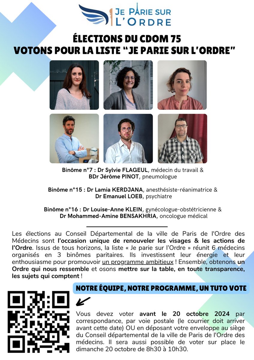 Les élections au #CDOM75 #Paris ont débuté ! 🗳️Jeunes Médecins souhaite voir élus 6 jeunes #confrères et #consœurs qui s’engagent pour renouveler les visages de cette instance &amp; contribuer à la rendre + moderne, + impliqué sur les sujets de société, + transparent, + facilitant !