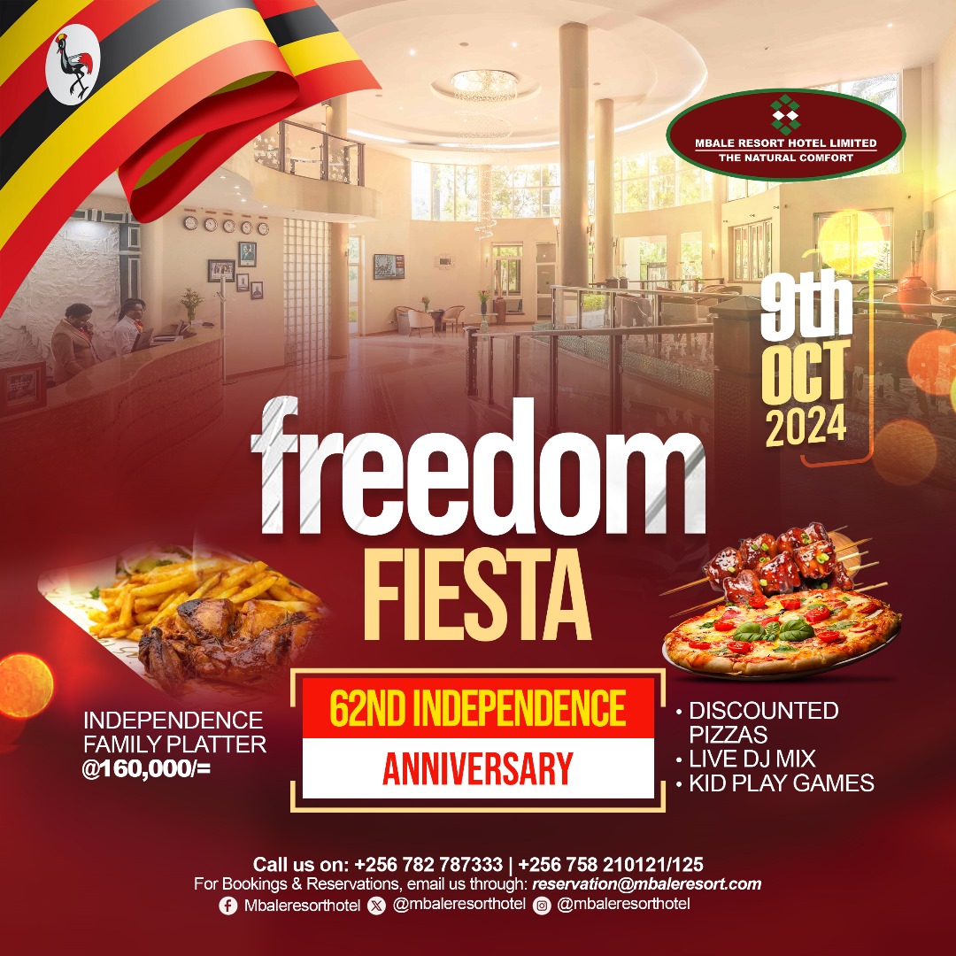 mbaleresort's tweet photo. Come Celebrate Independence Day at Mbale Resort Hotel!
Family Platter at 160K
🍕Discounted Pizzas
🎶Live DJ Mix
🛝 Kids Entertainment
🗓️9th October 2024
FREE ENTRY! Don’t miss out! #FreedomFiesta #IndependenceDayFun #MbaleResortHotel https://t.co/HXIRHW9w8z