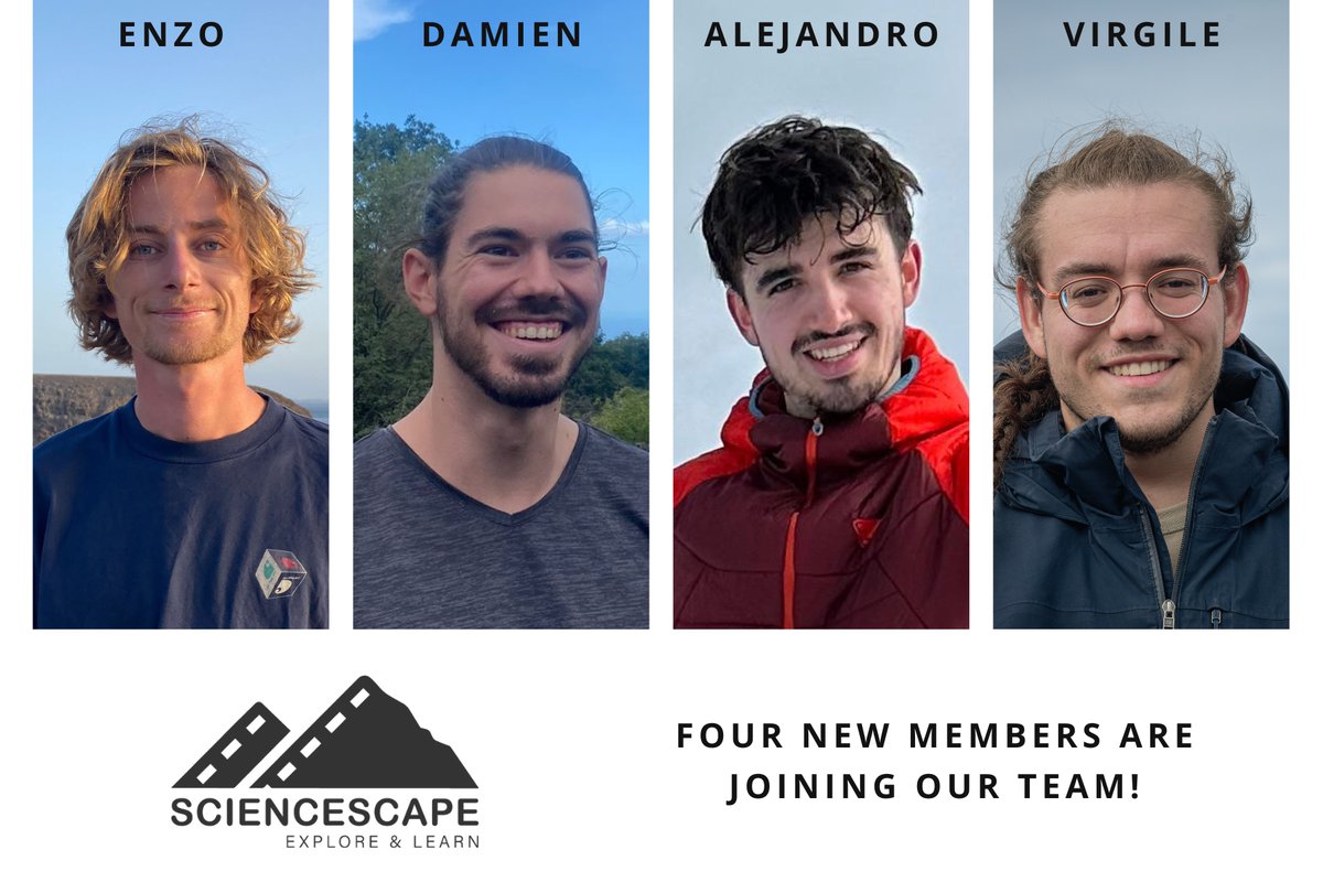 🔔 We are thrilled to welcome four new members to the SciencEscape team! 🥳 Alejandro, Damien, Enzo and Virgile are joining us with a strong passion to contribute to our projects 🎥, launch their own science communication initiatives, and help drive our mission forward 🚀.