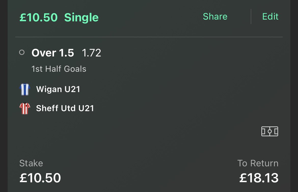 Bet number 2 of the train is in England 🏴󠁧󠁢󠁥󠁮󠁧󠁿- Over 1.5 first half goals in Wigan vs Sheffield United u21s £10.50 returns £18.13 🚂