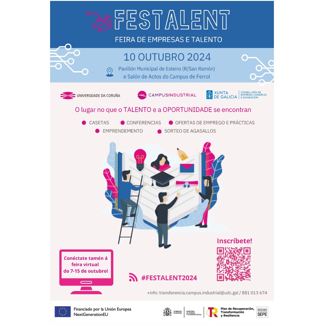 Campus Industrial (@ciferrol) on Twitter photo #FESTALENT2024 II Feira de Empresas e Talento do Campus Industrial da UDC. Inscríbete e participa! campusindustrial.udc.es/es/festalent/ <a href="/UDC_gal/">Universidade da Coruña</a>
📅 Xoves 10/OUTUBRO 🕙 de 10:00 a 14:00 h e de 15:00 a 18:30 h
📍 Pavillón Municipal de Esteiro + Salón de Actos do Campus Industrial de Ferrol #FESTALENT2024 II Feira de Empresas e Talento do Campus Industrial da UDC. Inscríbete e participa! campusindustrial.udc.es/es/festalent/ <a href="/UDC_gal/">Universidade da Coruña</a>
📅 Xoves 10/OUTUBRO 🕙 de 10:00 a 14:00 h e de 15:00 a 18:30 h
📍 Pavillón Municipal de Esteiro + Salón de Actos do Campus Industrial de Ferrol
