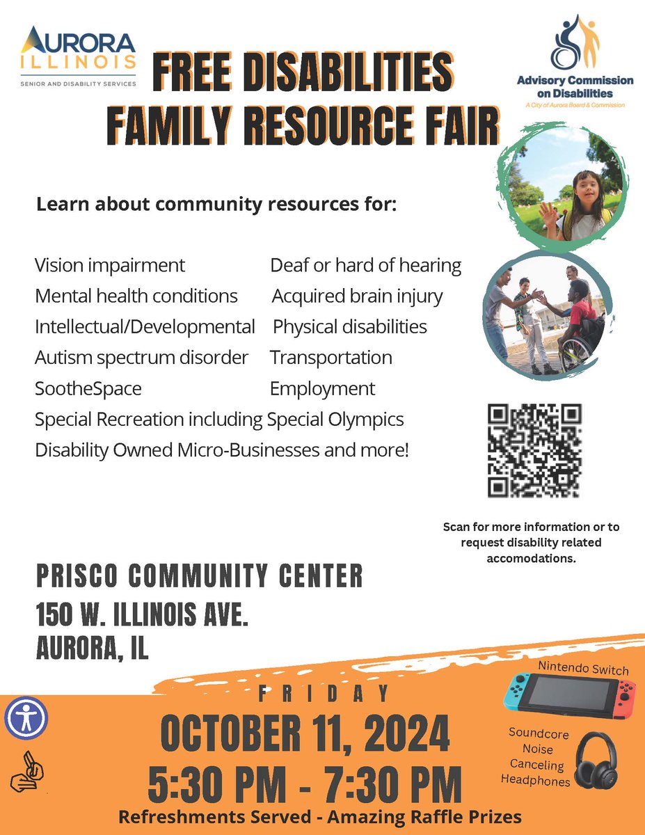 🌟 Join the City of Aurora's Senior and Disability Services Division for its annual Free Disabilities Family Resource Fair, taking place at the Prisco Community Center (150 W. Illinois Avenue) on Friday, October 11!

📲 For more information, please visit: aurora-il.org/EventsForDisab….