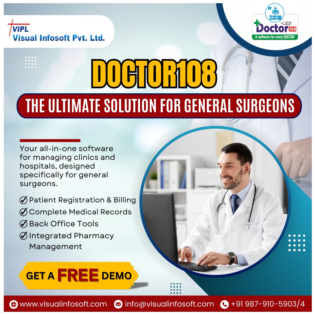 visual_infosoft's tweet image. Doctor108: The Ultimate Solution for General Surgeons!

✔️ Patient Registration &amp;amp; Billing
✔️ Complete Medical Records
✔️ Back Office Tools
✔️ Pharmacy Management

🚀 Get a FREE demo today!
        Call: +91 987-910-5903/4
#Doctor108 #GeneralSurgeons #MedicalSoftware #Healthcare