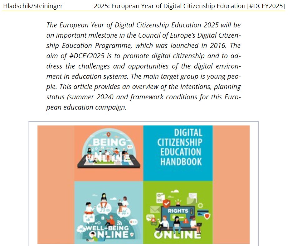 „2025: European Year of Digital Citizenship Education [#DCEY2025]: aus Sicht der österreichischen DCE-Promotorinnen Sigrid Steininger und Patricia Hladschik“
ist in der akt. Ausgabe der #Medienimpulse (Schwerpunktthema: #Antisemitismus) erschienen.
journals.univie.ac.at/index.php/mp/a… #atpb25