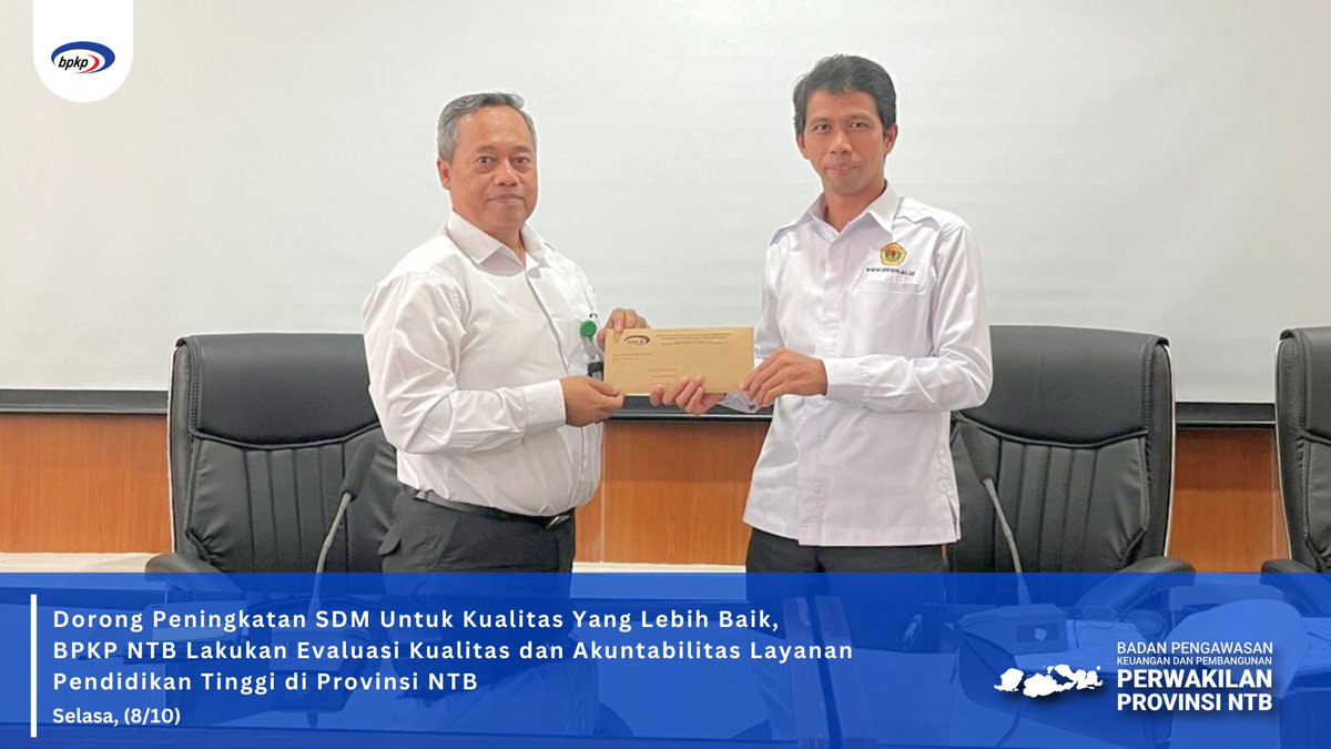 bpkp_ntb's tweet photo. Hai Sobwas Terdepan,

Pendidikan tinggi sebagai bagian dari sistem pendidikan nasional memiliki peran strategis dalam mencerdaskan kehidupan bangsa dan memajukan ilmu pengetahuan dan teknologi. Untuk mencapai tujuan pengembangan SDM yang berkualitas dan berdaya saing maka dibutuhkan kualitas pendidikan tinggi yang baik.

Selaras dengan hal tersebut, Tim Bidang AN Perwakilan BPKP NTB melakukan evaluasi kualitas dan akuntabilitas layanan pendidikan tinggi pada Universitas Mataram Tahun 2023. Tujuan evaluasi adalah untuk mengidentifikasi kelemahan dan area of improvement dalam penyelenggaraan layanan pendidikan tinggi yang berkualitas dan terjangkau, serta untuk memberikan rekomendasi perbaikan.

Hasil evaluasi diharapkan dapat memberikan rekomendasi bagi perguruan tinggi negeri terkait, untuk dapat lebih efektif dalam melakukan perbaikan dalam penyediaan layanan pendidikan tinggi yang berkualitas dan dapat diakses seluruh tingkatan ekonomi masyarakat.

#bpkpntbterdepan
#InfoPengawasan
#HadirBermanfaat