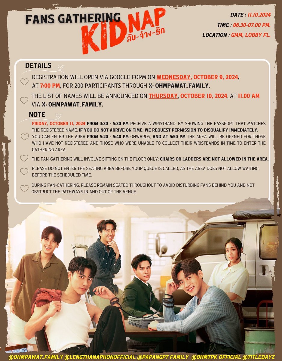 OhmLengOfficial's tweet photo. 📣ประกาศนัดรวมพลแฟนคลับ
"KIDNAP ลับ-จ้าง-รัก" EP 6
🗓️ 11 OCT 2024
📍 GMM, LOBBY FLOOR
⏰ 6 - 7 PM (TH)
อ่านรายละเอียดเพิ่มเติมในภาพด้านล่าง
โดยจะลงตัวอย่างฟอร์มลงทะเบียนให้ดูก่อนในวันที่ 9 ตุลาคม 2567 เวลา 12:00 น. ทาง @Ohmpawat_family
#KidnapSeries
#ohmpawat #LengThanaphon https://t.co/6kvuRkDOzl