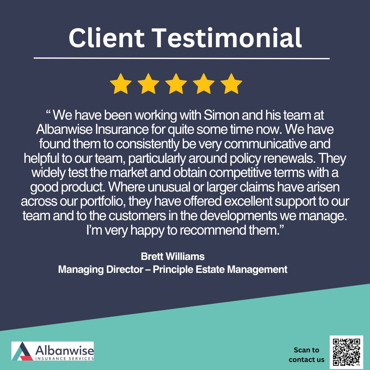Always excited to hear frm our valued clients. Brett Williams from Principle Estate Management shares why he continues to trust <a href="/AlbanwiseInsure/">Albanwise Insurance</a>. Our relationship has grown stronger over time due to our tailored services &amp; clear communication. Thank you, Brett for trusting us!