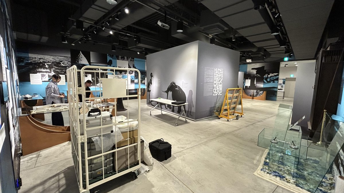 特別展「海の人類史」が終了し撤収作業中。原始×現代と銘打ったコラボは自身にも新鮮で刺激的でした。言い尽くせませんが、スポンサーの皆様、借用資料の所蔵元、展示共同企画者、素晴らしいデザインとハードワークで本構想を実現してくれたIMTスタッフ、そしてご来場くださった皆様に感謝！