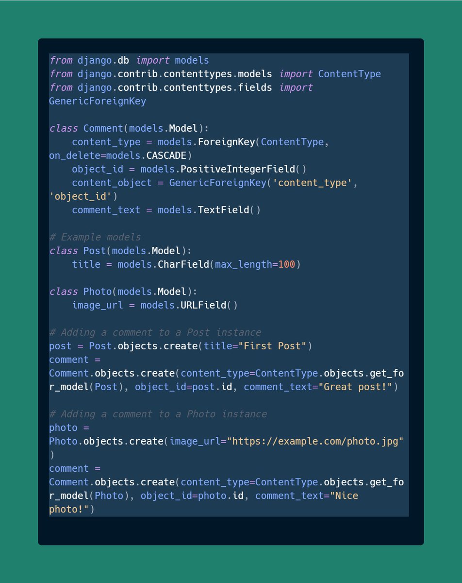 DevAsService's tweet image. 🌟 Django Trick
Use ContentType for flexible generic relationships! 🚀
Perfect for comments, tags, and more!
#Django #DjangoTricks #WebDevelopment #Python #CodingTips