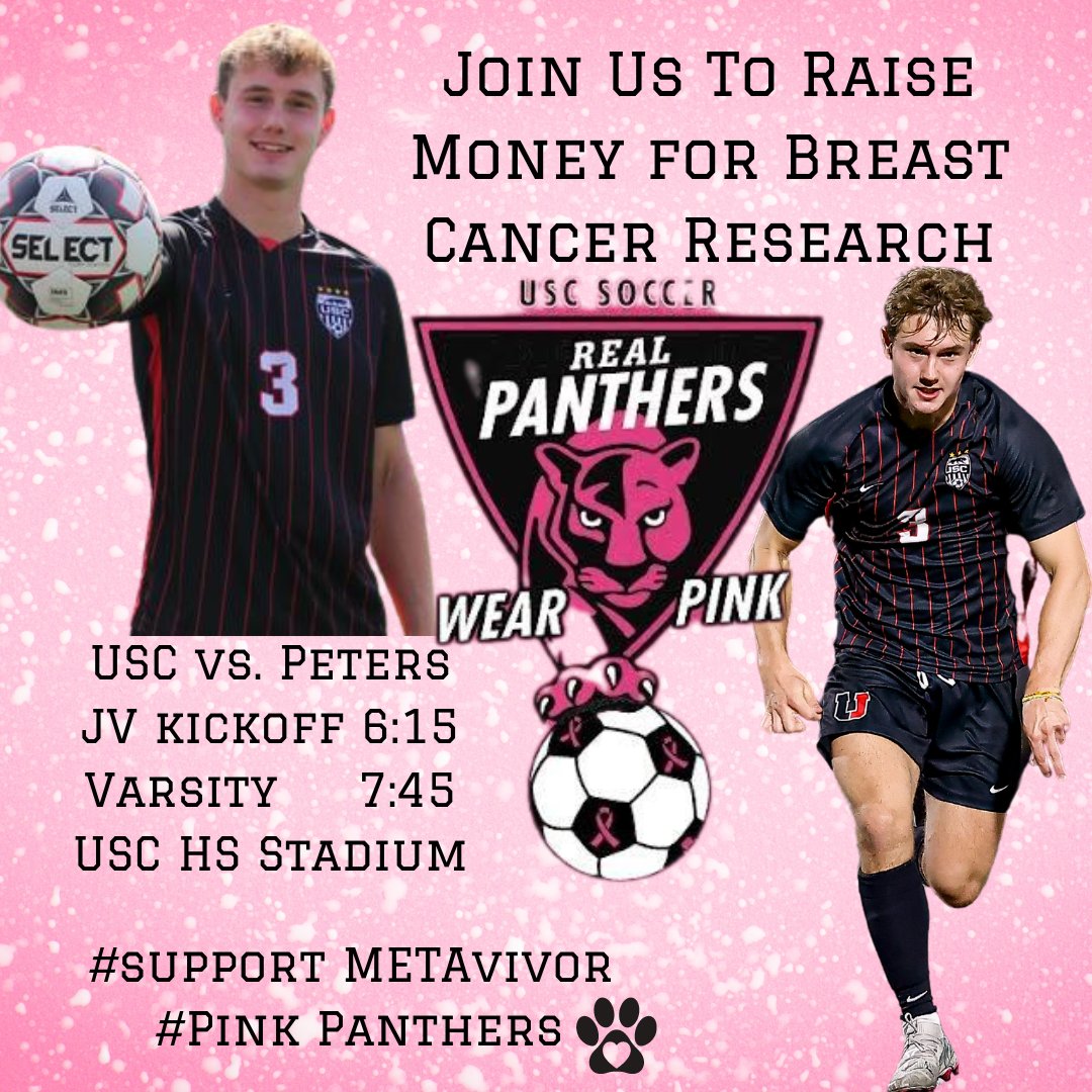 USCHSsoccer's tweet photo. ⚽️GAMEDAY⚽️
HUGE section match tonight as USC (10-3-1, 7-1) takes on Peters Twp (12-1-1, 8-0) ... BE THERE!!
🆚️ Peters Twp
⏰️ JV 6:15pm / Varsity 7:45pm
📍 USCHS Stadium
PINK OUT!!!
#uschssoccer #fourteensixfour #GoPanthers #itstimeforUSc #getbettereveryday @USCSST https://t.co/GJR2Fytiuf