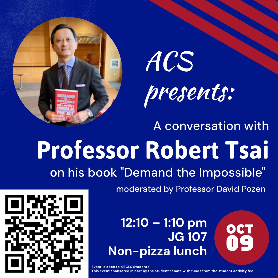 robertltsai's tweet photo. Come for the “non-pizza lunch,” stay for the conversation about cause lawyering and criminal justice reform. @ColumbiaLaw @acslaw @ColumbiaLawACS #DemandTheImpossible https://t.co/6giKhngWe4