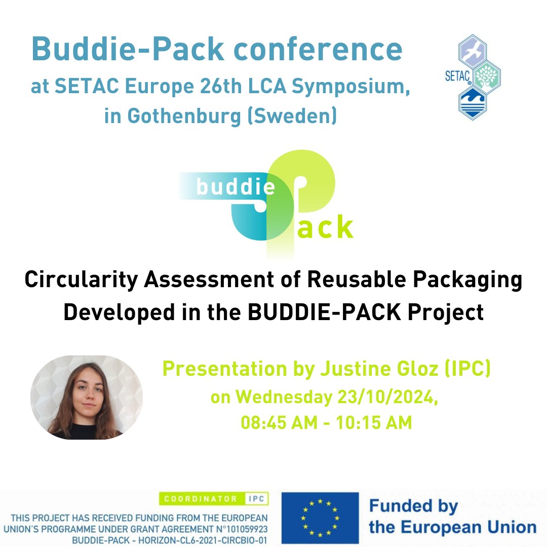 Buddie-Pack (@pack_buddie) on Twitter photo Justine Gloz from IPC will deliver a speech about the circularity assessment of #reusable #packaging in the <a href="/pack_buddie/">Buddie-Pack</a> project, during the <a href="/SETAC_plastics/">SETAC Microplastics Interest Group</a> Europe 26th LCA Symposium, in Gothenburg, Sweden.
The presentation is scheduled on 23/10/2024, 08:45 - 10:15 AM Justine Gloz from IPC will deliver a speech about the circularity assessment of #reusable #packaging in the <a href="/pack_buddie/">Buddie-Pack</a> project, during the <a href="/SETAC_plastics/">SETAC Microplastics Interest Group</a> Europe 26th LCA Symposium, in Gothenburg, Sweden.
The presentation is scheduled on 23/10/2024, 08:45 - 10:15 AM
