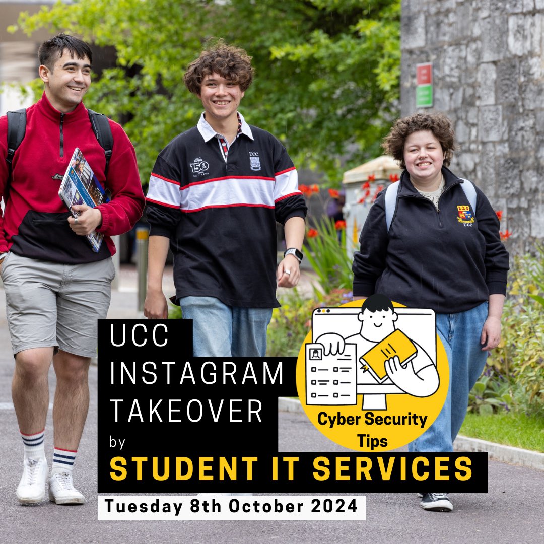 UCCITServices's tweet image. UCC Student IT Services are doing a takeover of the UCC Instagram account today. Sharing cyber security tips & info for cyber security awareness month.
Head over to Instagram for more
Instagram: @ universitycollegecork