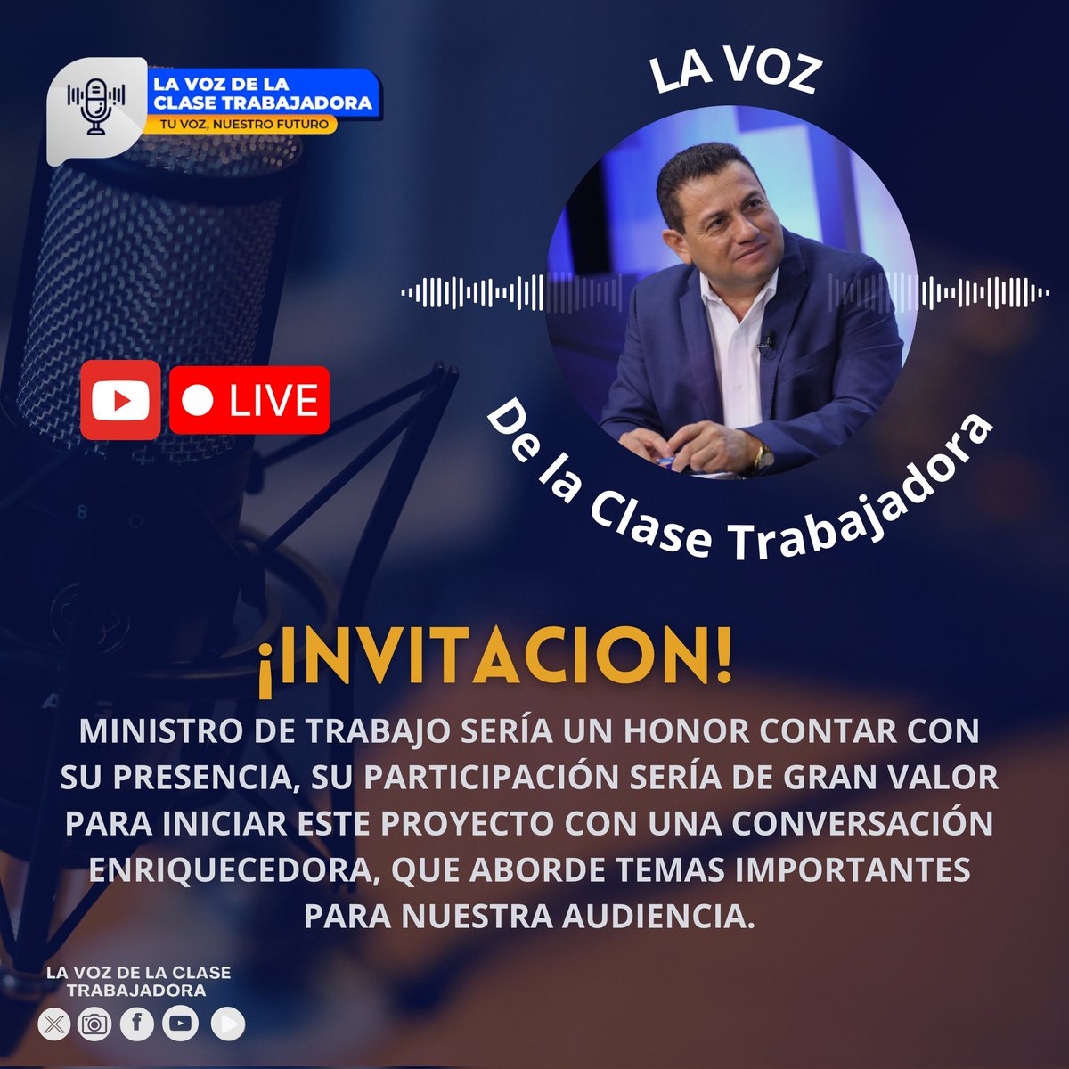 STAMSS_prensa's tweet photo. 🎙️ ¡La Voz de la Clase Trabajadora sale al aire! 🎙️

Nos complace invitar al Ministro de Trabajo, Sr. Rolando Castro (@RolandoCastroSv) a ser nuestro primer invitado especial en este nuevo espacio dedicado a los trabajadores salvadoreños. 🇸🇻

✨ Sería un honor contar con su presencia, ya que su participación aportaría gran valor para iniciar este proyecto con una conversación enriquecedora, tocando temas de gran interés para nuestra audiencia.

🔜 ¡Esperamos poder coordinar su asistencia y compartir con todos una charla de alto nivel! 🙌

#LaVozDeLaClaseTrabajadora
#UnidadSindical
#PorLosTrabajadores
#RolandoCastro