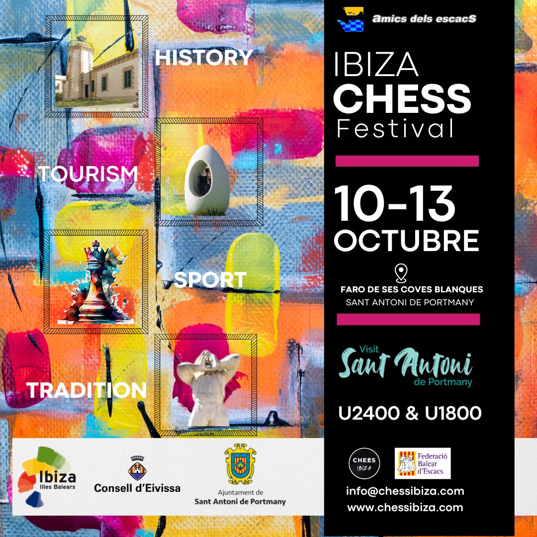 ♟️Ibiza Chess Festival

🤼Torneig d'escacs per a professionals i aficionats

📆Del 10 al 13 d'octubre

📍Far de ses Coves Blanques

👁️L'esdeveniment es podrà seguir a través de les xarxes socials de Facebook, Instagram i YouTube en el compte Chessinibiza