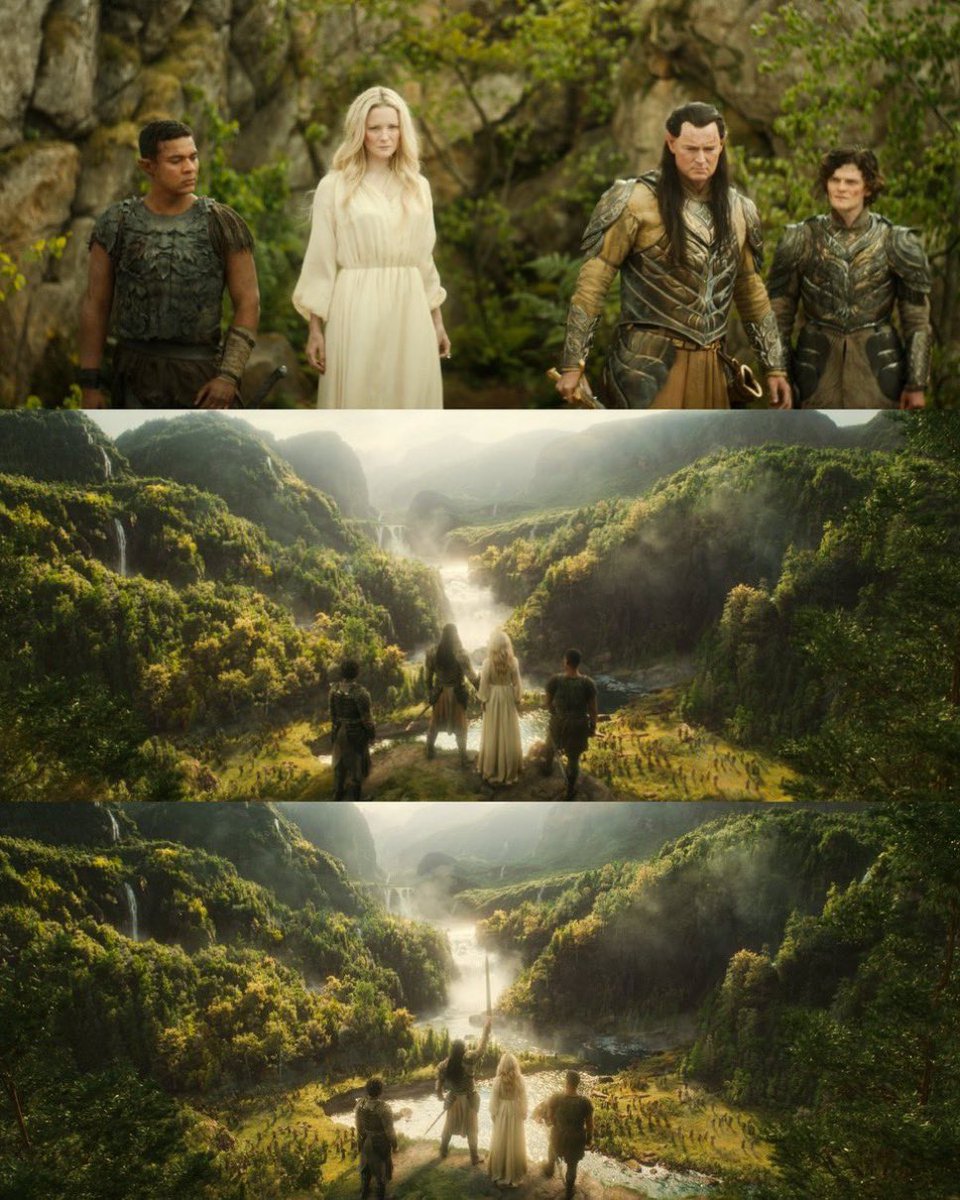 tierramedia's tweet photo. 1. Valle de Imladris Imladris en #LosAnillosDePoder #RingsOfPower 
2. Ilustración en los libros de Tolkien
 
La escena final es una joya, inolvidable. https://t.co/3VOpshWI8A