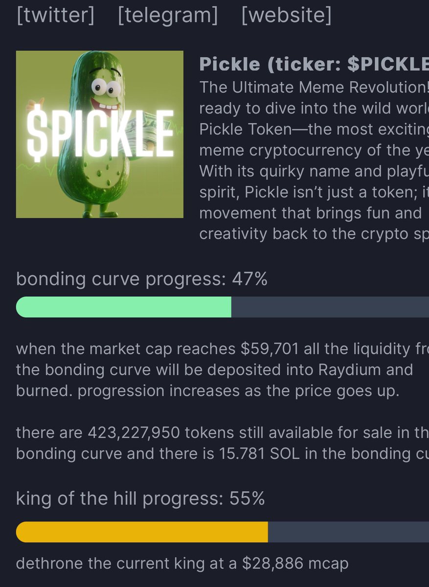 PicklePumpfun's tweet photo. 🚨 Hitting King Of The Hill Tonight🚨

$PICKLE Isn’t slowing down and is on track to hit King Of The Hill tonight 

We Expect a Fast Shoot up to Raydium
within a couple hours after

So make sure to get your bags in now before It starts flying🚀🚀 https://t.co/5XREN9eiMJ