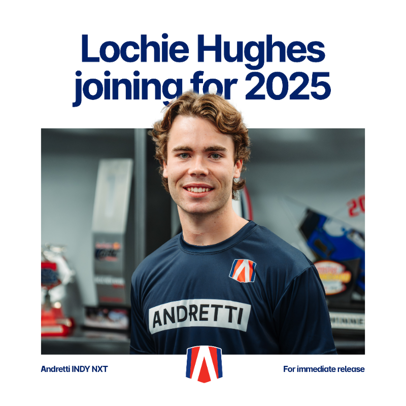 AndrettiIndy's tweet photo. Lochie Hughes is locked in to join the 2025 Andretti INDY NXT lineup 🤝 

Welcome to the team, Lochie! 🤩