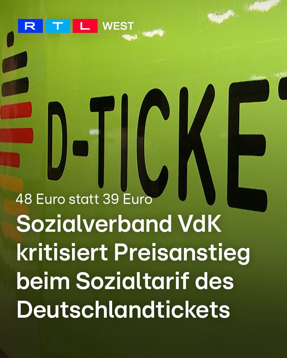 RTLWEST's tweet image. Im kommenden Jahr soll nicht nur der Preis des normalen Deutschlandtickets ansteigen, auch der #Sozialtarif wird teurer. Statt 39 Euro sollen sozial Benachteiligte dann 48 Euro zahlen. Beim Sozialverband #VdK in Nordrhein-Westfalen sorgt das für Kritik: „Wir haben uns seit der