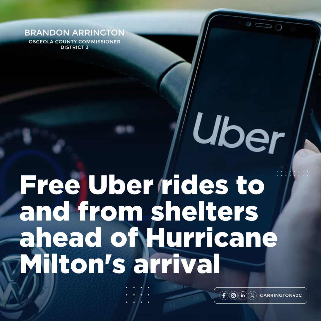 Uber is offering free rides to and from shelters along Hurricane Milton to help residents stay safe.

📱 Open the Uber app
➡️ Tap Account on the bottom right &amp; tap wallet
➡️ Add promo code: MILTONRELIEF 

 Take advantage of this opportunity and ensure your safety.