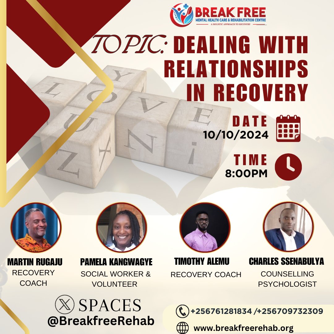 Join us this Thursday, as we discuss dealing with relationships in recovery. 

🕖 When: Thursday 10th October 2024 
@ 8:00PM 

📍 Where: X Spaces 

🔗 Don’t miss it: x.com/i/spaces/1YpKk…