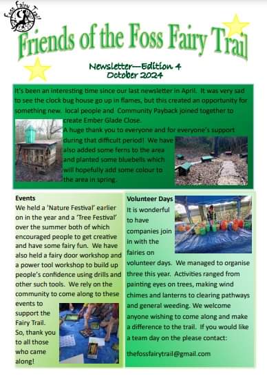 TheFossFairyTrail (@fossfairytrail) on Twitter photo It's the Fairy Trail's 3rd Annual General Meeting on Sunday 3rd November at 11 am at Door 84, Lowther St in The Groves. Everyone is welcome & we want to hear your views & ideas.
Here is our 4th newsletter. Please
email: thefossfairytrail@gmail.com if you need a clearer copy. It's the Fairy Trail's 3rd Annual General Meeting on Sunday 3rd November at 11 am at Door 84, Lowther St in The Groves. Everyone is welcome & we want to hear your views & ideas.
Here is our 4th newsletter. Please
email: thefossfairytrail@gmail.com if you need a clearer copy.