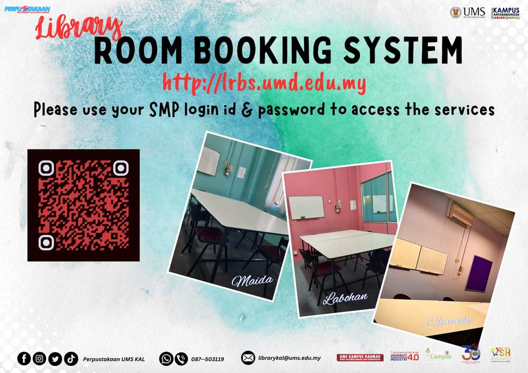 Libkal_UMS's tweet image. LIBRARY ROOM BOOKING SYSTEM  
Click url lrbs.ums.edu.my

For any questions, contact us;
 087- 503119 (WhatsApp text only)

#RoomBookingSystem
#LibraryService
#LibraryUMSKAL