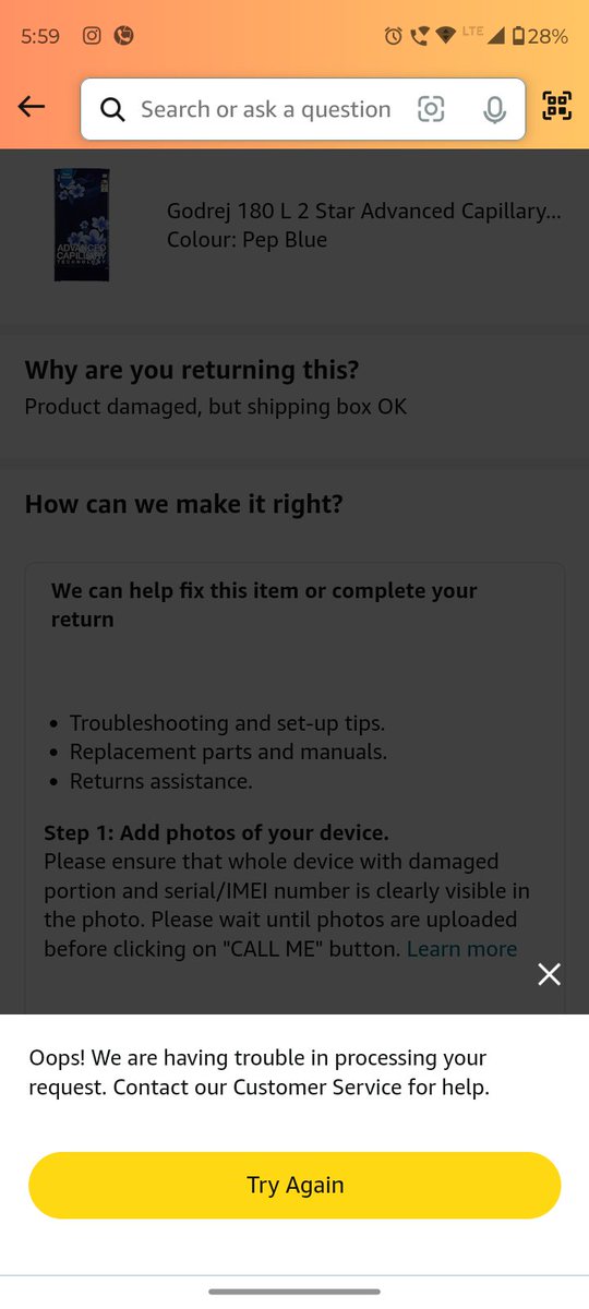 rk0010430's tweet image. &quot;I received a damaged product from @amazonIN and their return process isn&apos;t working. It doesn&apos;t allow me to upload photos, and customer service sent a link that also fails. Very disappointed in this experience. #AmazonIssues #CustomerServiceFail&quot;