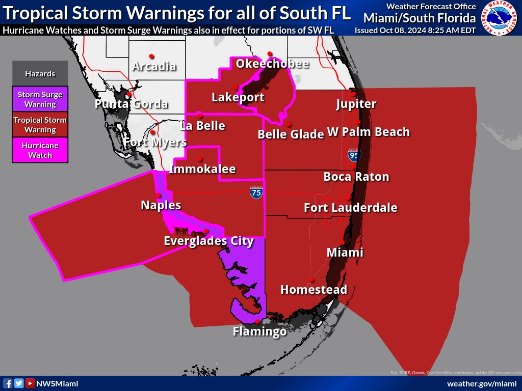 ⚠️All of South Florida is now under a Tropical Storm Warning  through Thursday at 8 AM⚠️

🌬️This means that tropical storm force wind gusts between 39-74 mph could be felt across the region.

🚨Hurricane watches and storm surge warnings remain in effect for SW FL.

#FLwx