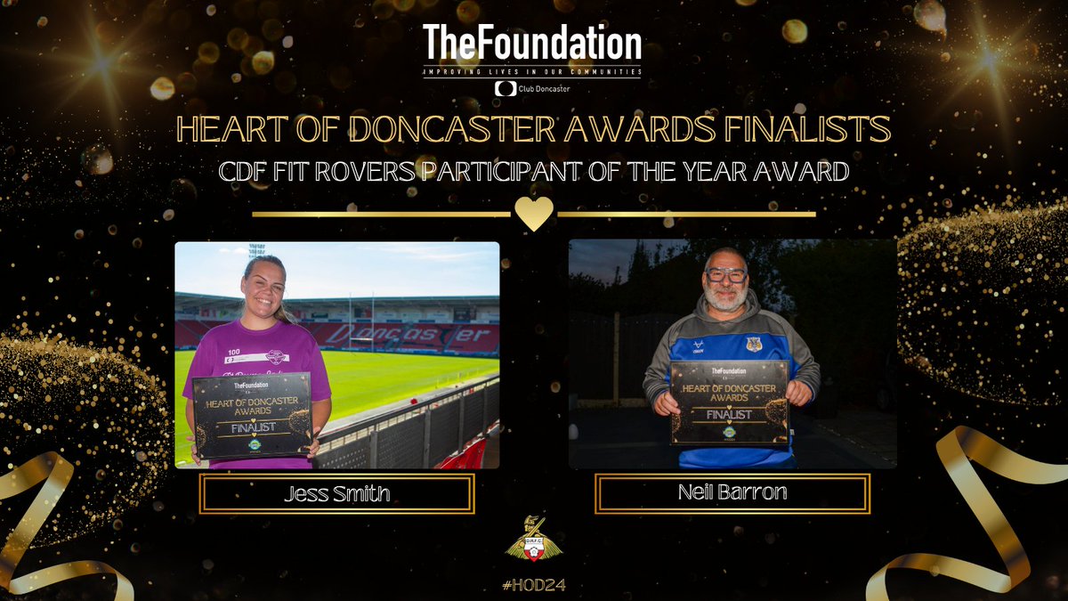 ❤️ Heart of Doncaster Awards ❤️

Meet your finalists 👏🏼!

CDF Fit Rovers Participant of the Year Award 🏆

Finalist one - Jess Smith
Finalist two - Neil Barron

Winners will be announced this Friday! ❤️

<a href="/drfc_official/">Doncaster Rovers FC</a> #HOD24