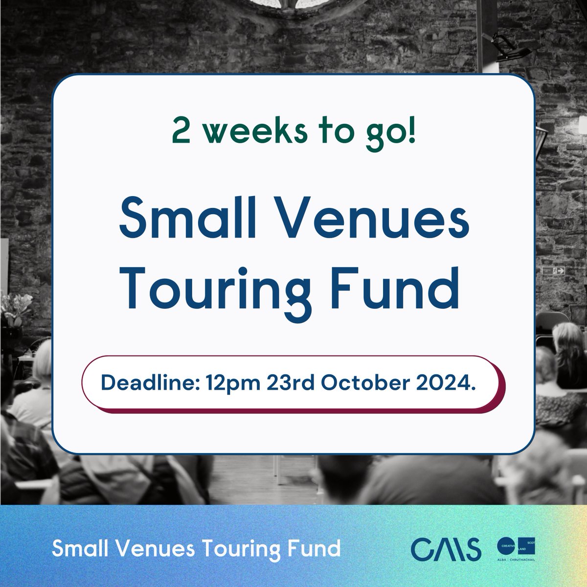 Chamber Music Scotland (@chambermusicsct) on Twitter photo 2 weeks to go until the Small Venues Touring Fund deadline! 🗓️ Supported by <a href="/CreativeScots/">Creative Scotland</a>, the Fund will distribute grants of up to £5000 to cover performance fees for Scotland-based musicians to tour small venues across the country. Apply Now : chambermusicscotland.com 2 weeks to go until the Small Venues Touring Fund deadline! 🗓️ Supported by <a href="/CreativeScots/">Creative Scotland</a>, the Fund will distribute grants of up to £5000 to cover performance fees for Scotland-based musicians to tour small venues across the country. Apply Now : chambermusicscotland.com
