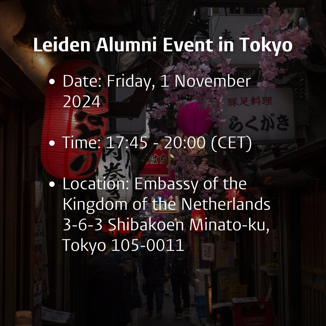 Leiden Alumni (@leidenalumni) on Twitter photo Join us for an exclusive evening at the Embassy of the Kingdom of the Netherlands in Tokyo <a href="/NLinJapan/">Embassy of the Kingdom of the Netherlands in Japan</a>! Meet fellow alumni, network, and discuss international dispute settlement law with professor Eric De Brabandere 👉🏼 RSVP by 22 October:
universiteitleiden.nl/en/events/2024… Join us for an exclusive evening at the Embassy of the Kingdom of the Netherlands in Tokyo <a href="/NLinJapan/">Embassy of the Kingdom of the Netherlands in Japan</a>! Meet fellow alumni, network, and discuss international dispute settlement law with professor Eric De Brabandere 👉🏼 RSVP by 22 October:
universiteitleiden.nl/en/events/2024…