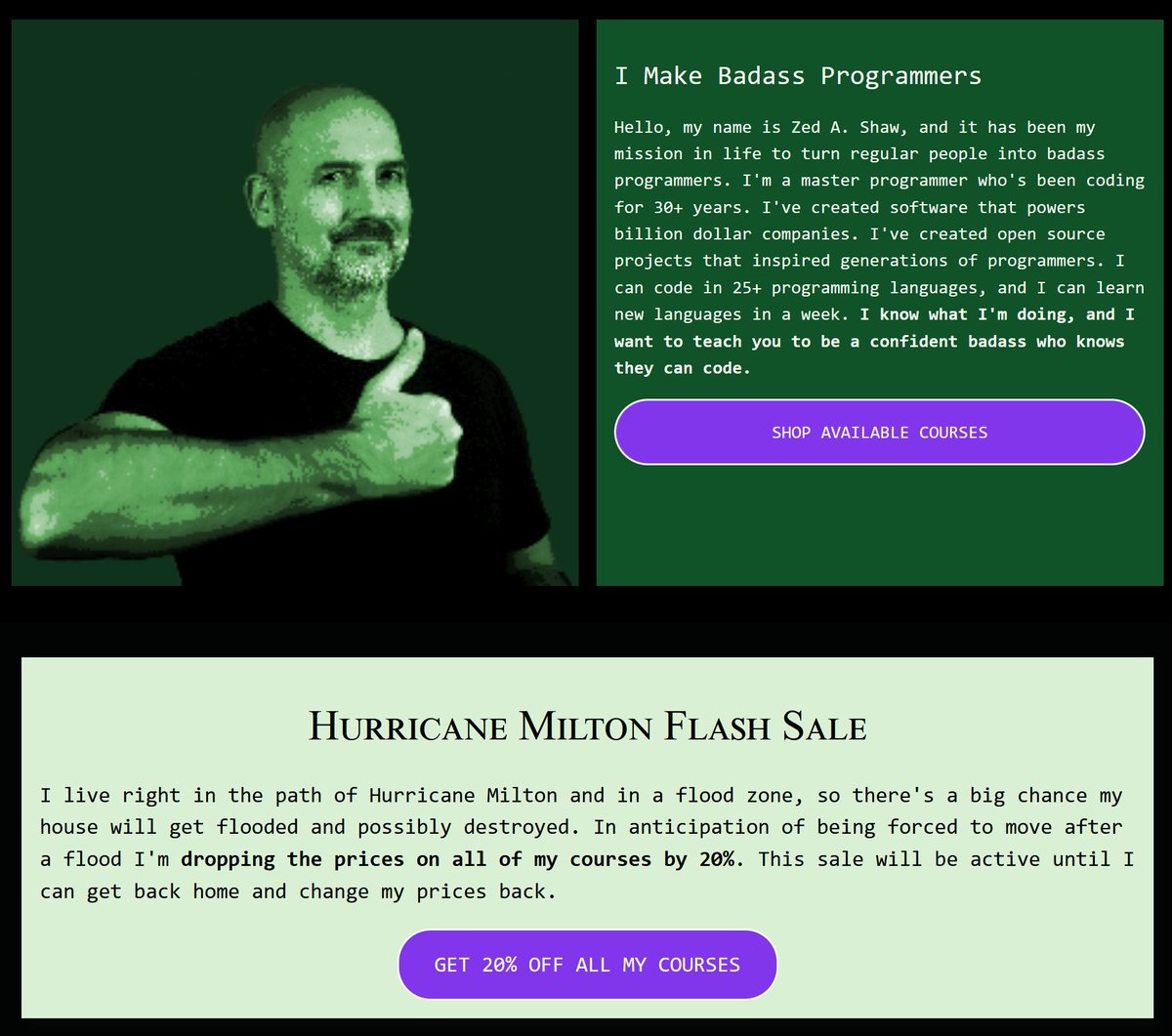 lzsthw's tweet photo. Hey! I'm doing a Hurricane Milton Flash Sale.  I _hate_ doing sales but there's a really good chance Milton will wreck my house and I'll have to move, so 20% off until I get back and can change my prices back. Also, did a hilarious meme worthy redesign:

https://t.co/tiWlkO5CrF https://t.co/JLIewluV9C