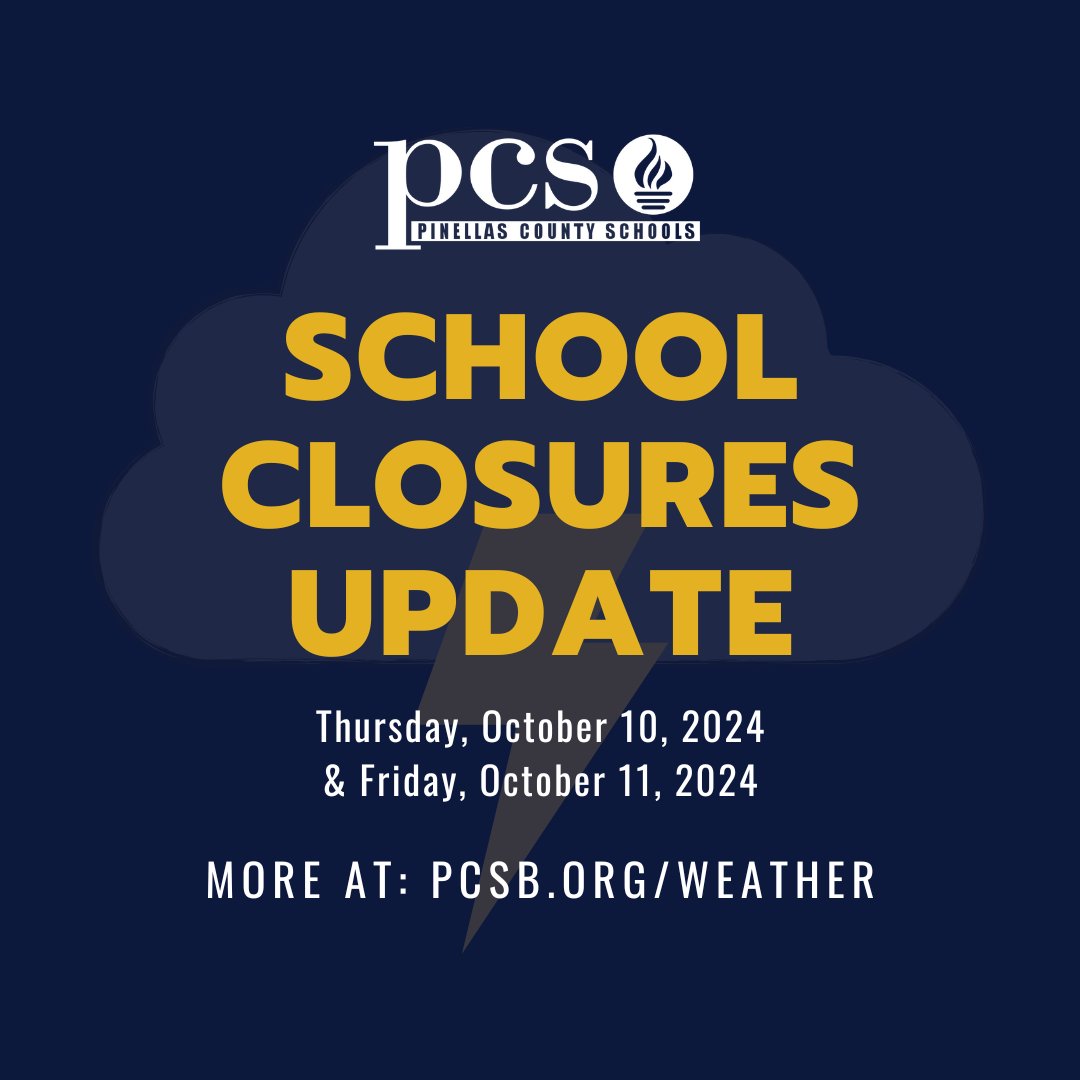 PCS is working closely with Pinellas County Emergency Management to monitor the path of Hurricane Milton and its possible impact.  All Pinellas County Schools and offices will be CLOSED from 10/7-10/11. All sports and school activities scheduled for those dates are canceled.